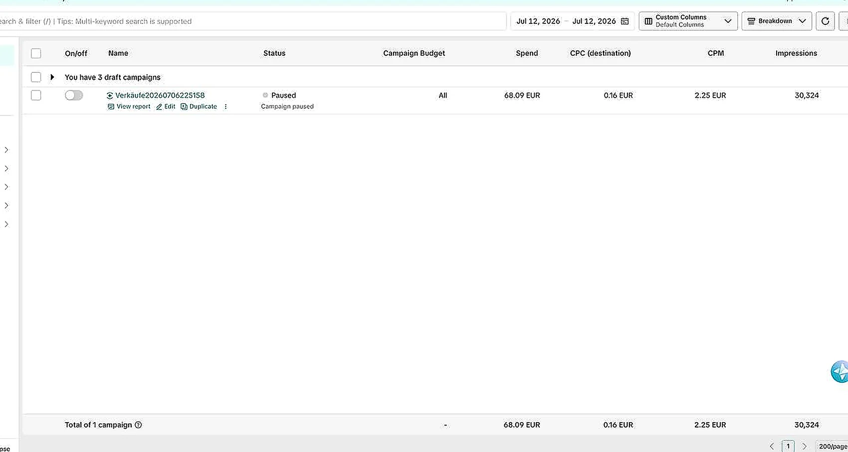 Campaign manager for 12 July 2026 showing 68.09 euro spend.