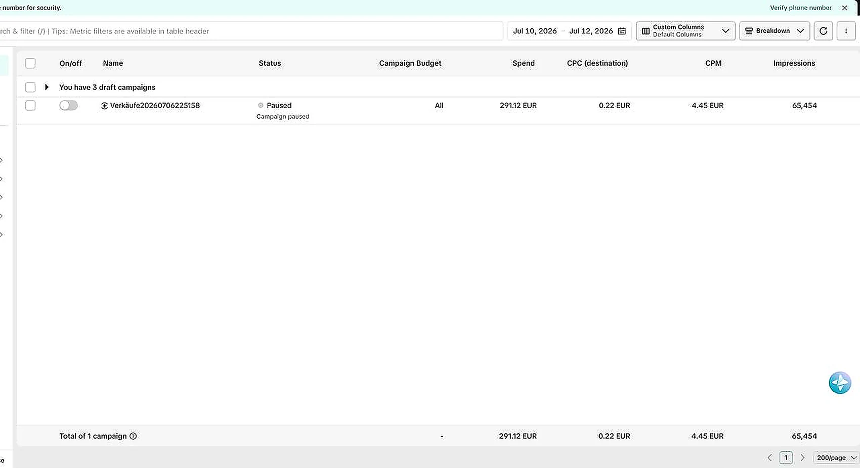 Campaign manager for 10 to 12 July 2026 showing 291.12 euro spend.
