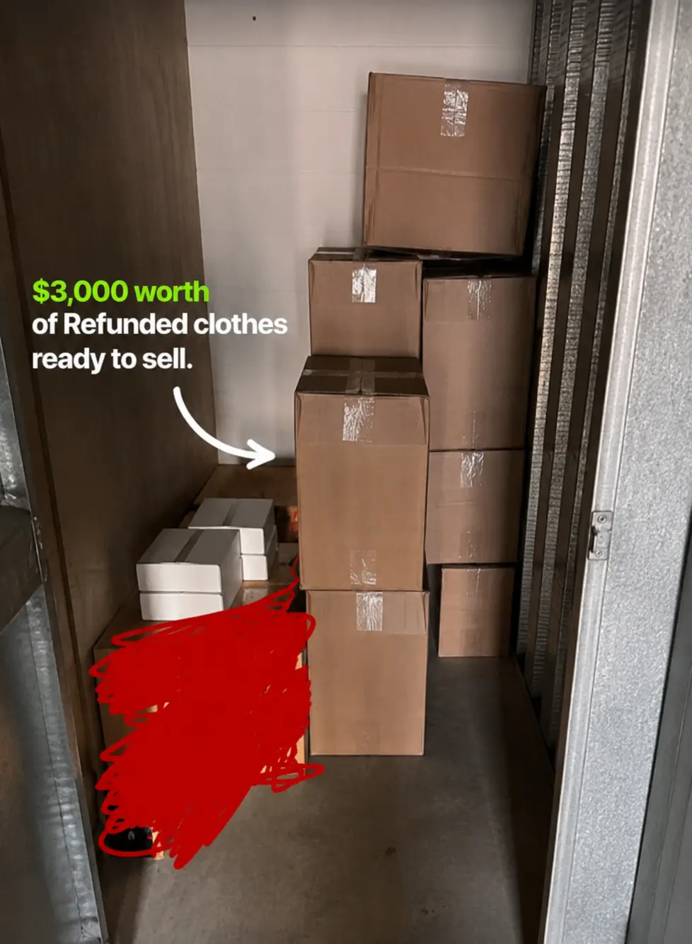A storage unit stacked with boxes of refunded stock.